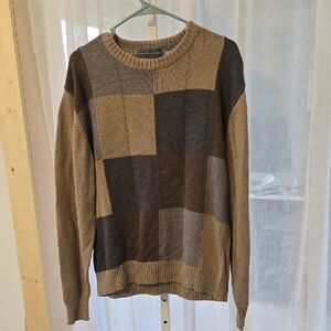 Oscar de la Renta Brown and Gray Patchwork Crewneck Sweater